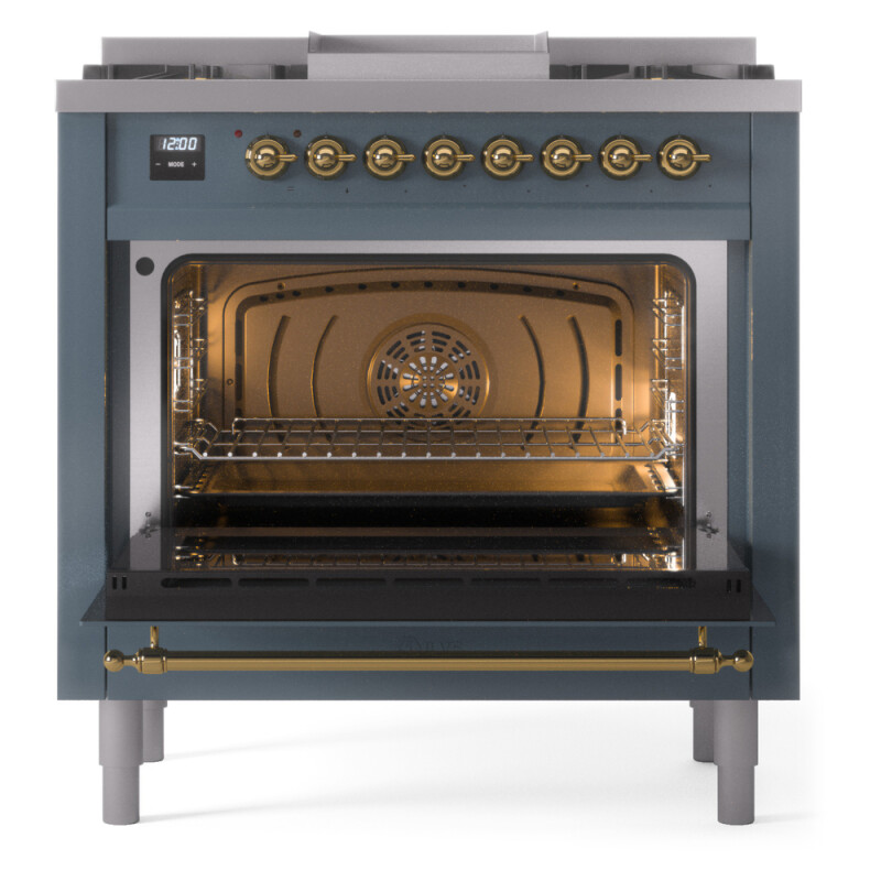 Nostalgie II 36 UP36FNMPBGG Freestanding Dual Fuel Range with 6 Sealed Burners with Griddle Single Oven with Triple Glass Door with Brass knobs UP36FNMPBGGLP