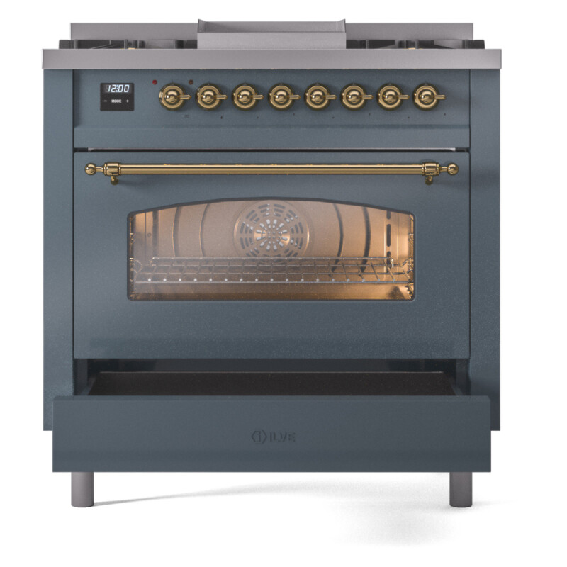 Nostalgie II 36 UP36FNMPBGG Freestanding Dual Fuel Range with 6 Sealed Burners with Griddle Single Oven with Triple Glass Door with Brass knobs UP36FNMPBGGLP