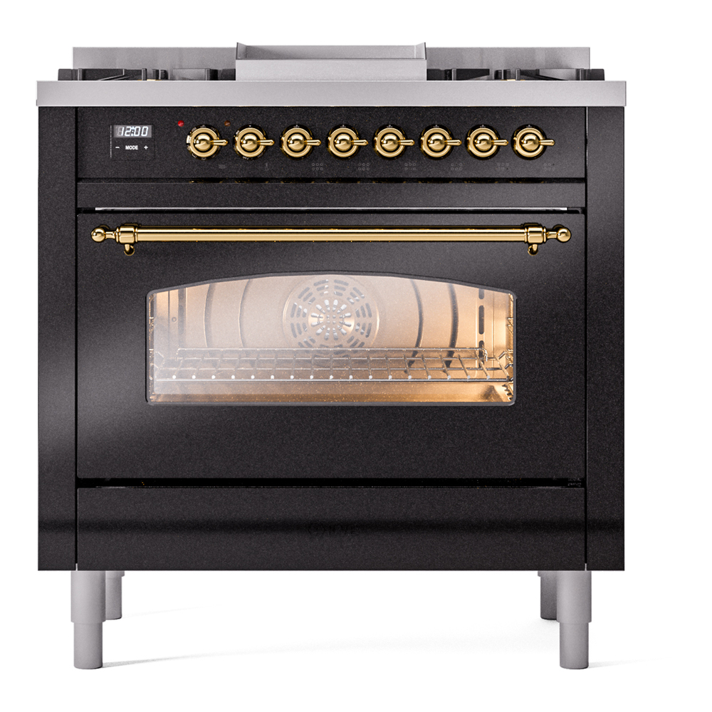 Nostalgie II 36 UP36FNMPBKG Freestanding Dual Fuel Range with 6 Sealed Burners with Griddle Single Oven with Triple Glass Door with Brass knobs UP36FNMPBKGLP