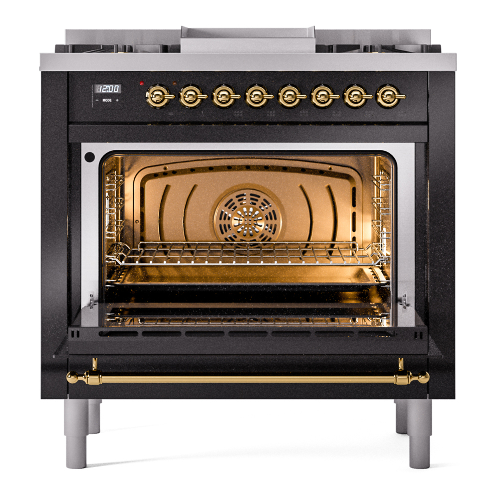 Nostalgie II 36 UP36FNMPBKG Freestanding Dual Fuel Range with 6 Sealed Burners with Griddle Single Oven with Triple Glass Door with Brass knobs UP36FNMPBKGLP