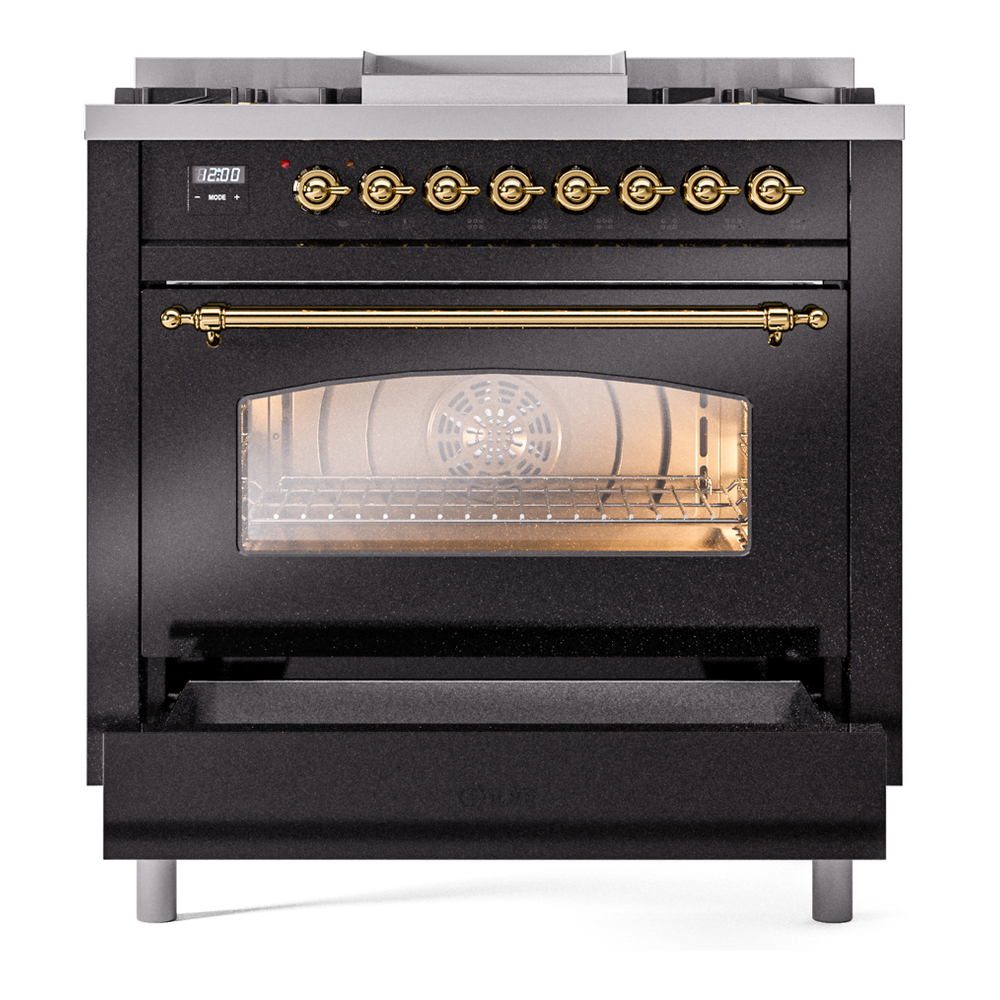 Nostalgie II 36 UP36FNMPBKG Freestanding Dual Fuel Range with 6 Sealed Burners with Griddle Single Oven with Triple Glass Door with Brass knobs UP36FNMPBKGLP