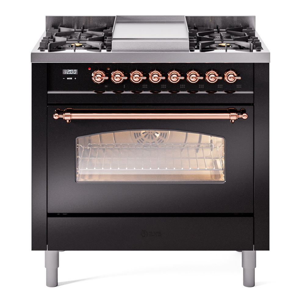 Nostalgie II 36 UP36FNMPBKP Freestanding Dual Fuel Range with 6 Sealed Burners with Griddle Single Oven with Triple Glass Door with Copper knobs UP36FNMPBKP