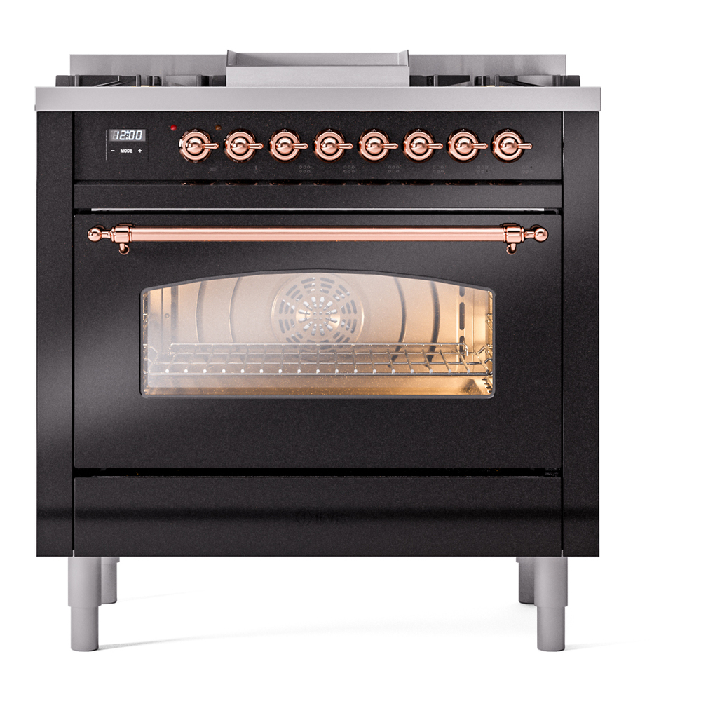 Nostalgie II 36 UP36FNMPBKP Freestanding Dual Fuel Range with 6 Sealed Burners with Griddle Single Oven with Triple Glass Door with Copper knobs UP36FNMPBKP