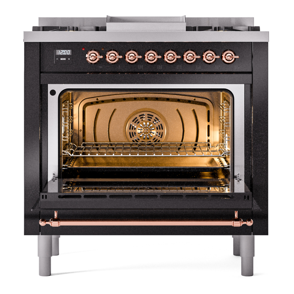 Nostalgie II 36 UP36FNMPBKP Freestanding Dual Fuel Range with 6 Sealed Burners with Griddle Single Oven with Triple Glass Door with Copper knobs UP36FNMPBKP