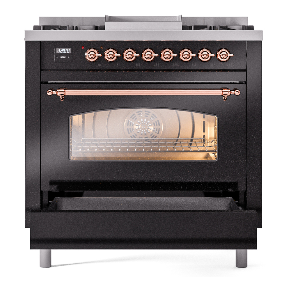 Nostalgie II 36 UP36FNMPBKP Freestanding Dual Fuel Range with 6 Sealed Burners with Griddle Single Oven with Triple Glass Door with Copper knobs UP36FNMPBKP