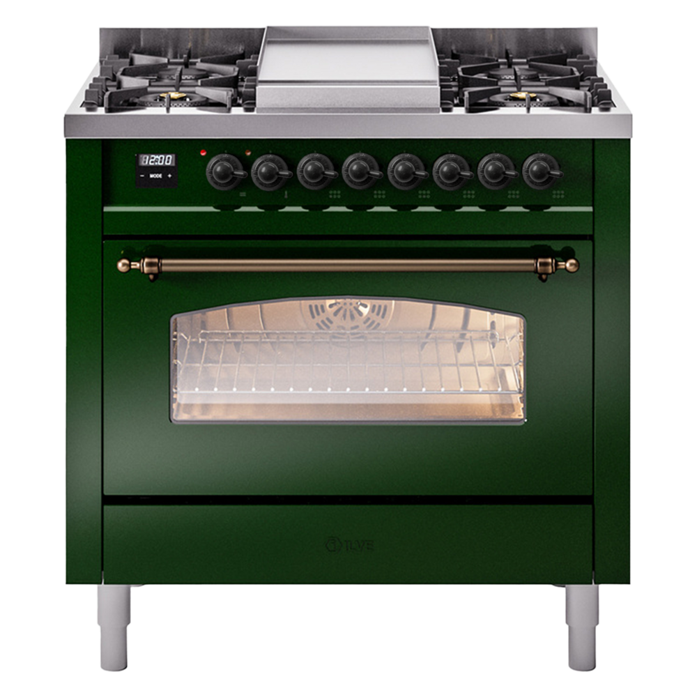 Nostalgie II 36 UP36FNMPEGB Freestanding Dual Fuel Range with 6 Sealed Burners with Griddle Single Oven with Triple Glass Door with Bronze knobs UP36FNMPEGB
