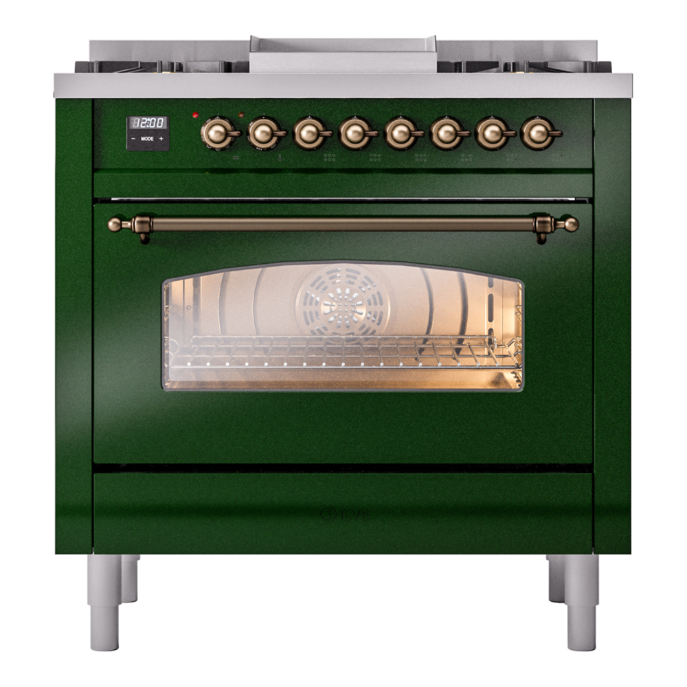 Nostalgie II 36 UP36FNMPEGB Freestanding Dual Fuel Range with 6 Sealed Burners with Griddle Single Oven with Triple Glass Door with Bronze knobs UP36FNMPEGB