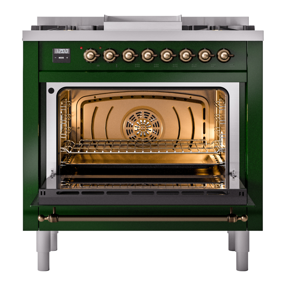 Nostalgie II 36 UP36FNMPEGB Freestanding Dual Fuel Range with 6 Sealed Burners with Griddle Single Oven with Triple Glass Door with Bronze knobs UP36FNMPEGB