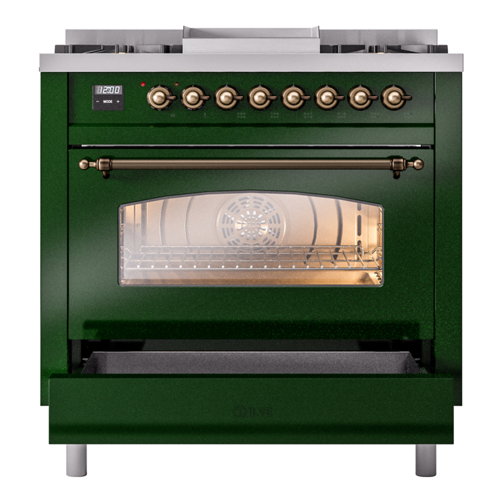 Nostalgie II 36 UP36FNMPEGB Freestanding Dual Fuel Range with 6 Sealed Burners with Griddle Single Oven with Triple Glass Door with Bronze knobs UP36FNMPEGB
