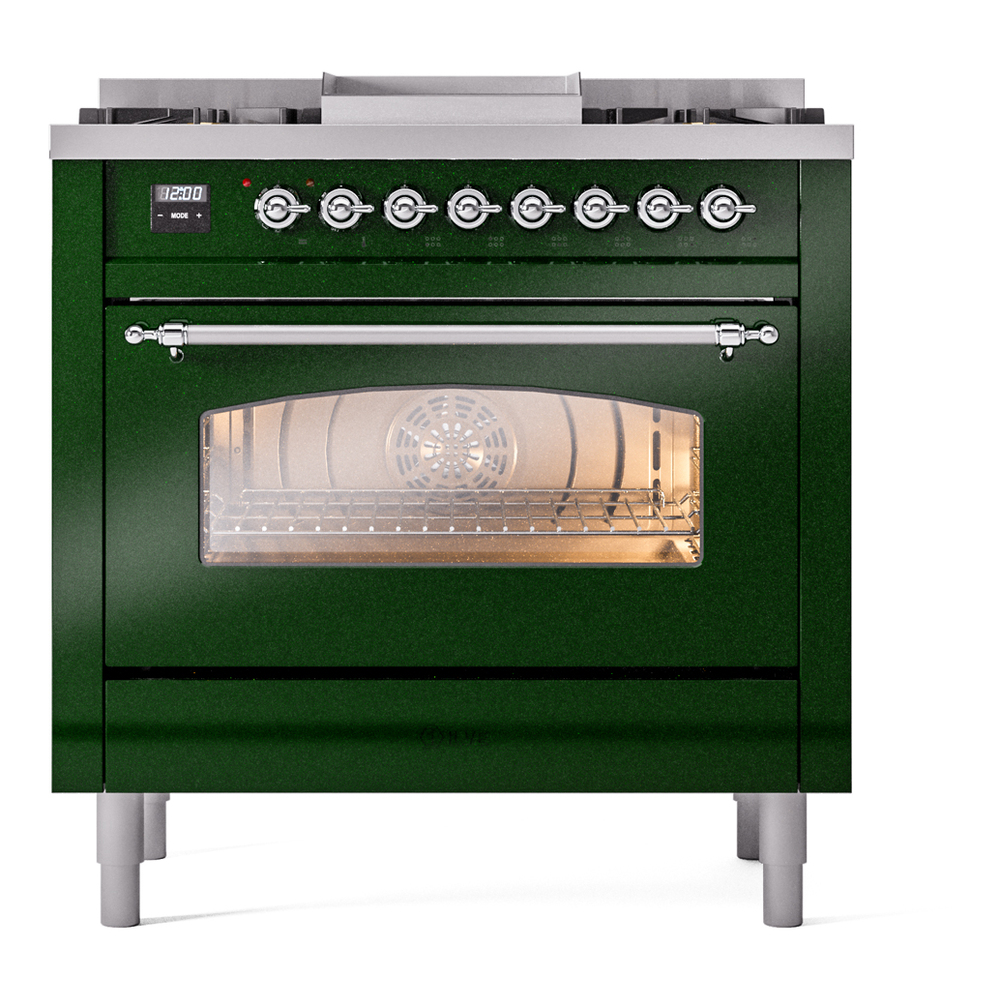 Nostalgie II 36 UP36FNMPEGC Freestanding Dual Fuel Range with 6 Sealed Burners with Griddle Single Oven with Triple Glass Door with Chrome knobs UP36FNMPEGC