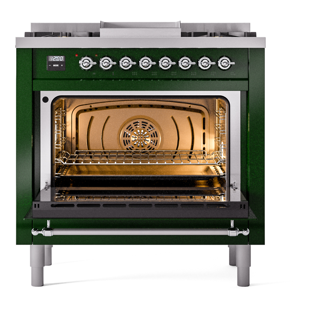 Nostalgie II 36 UP36FNMPEGC Freestanding Dual Fuel Range with 6 Sealed Burners with Griddle Single Oven with Triple Glass Door with Chrome knobs UP36FNMPEGC