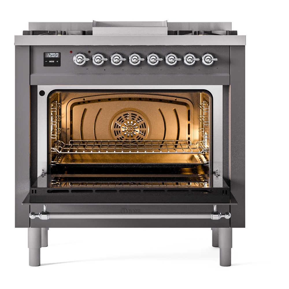 Nostalgie II 36 UP36FNMPMGC Freestanding Dual Fuel Range with 6 Sealed Burners with Griddle Single Oven with Triple Glass Door with Chrome knobs UP36FNMPMGC