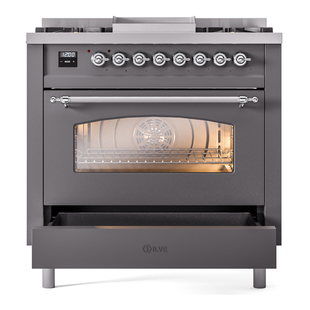 Nostalgie II 36 UP36FNMPMGC Freestanding Dual Fuel Range with 6 Sealed Burners with Griddle Single Oven with Triple Glass Door with Chrome knobs UP36FNMPMGC