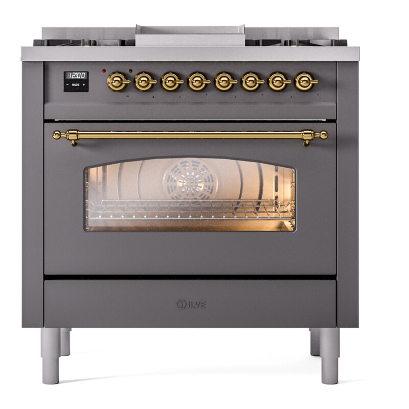 Nostalgie II Series 36 inch Freestanding Dual Fuel Range with Natural Gas, 6 Sealed Burners, 3.5 cu. ft. Total Oven Capacity, Griddle, Convection Oven, Continuous Grates, Storage Drawer, with UP36FNMPMGG