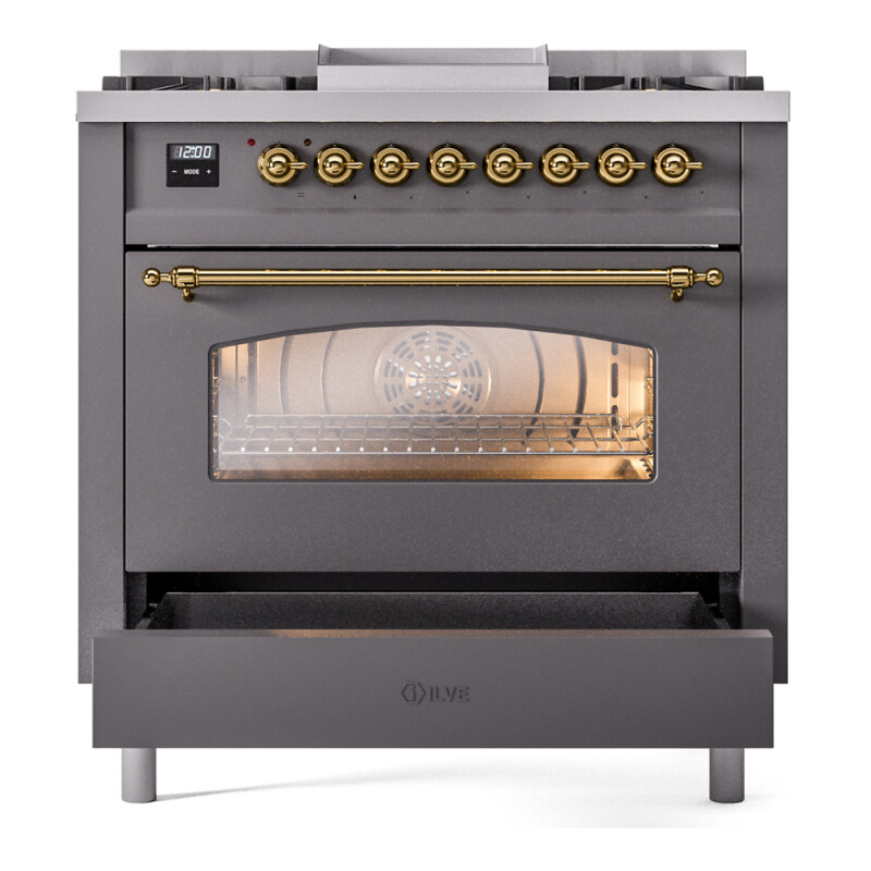 Nostalgie II Series 36 inch Freestanding Dual Fuel Range with Natural Gas, 6 Sealed Burners, 3.5 cu. ft. Total Oven Capacity, Griddle, Convection Oven, Continuous Grates, Storage Drawer, with UP36FNMPMGG