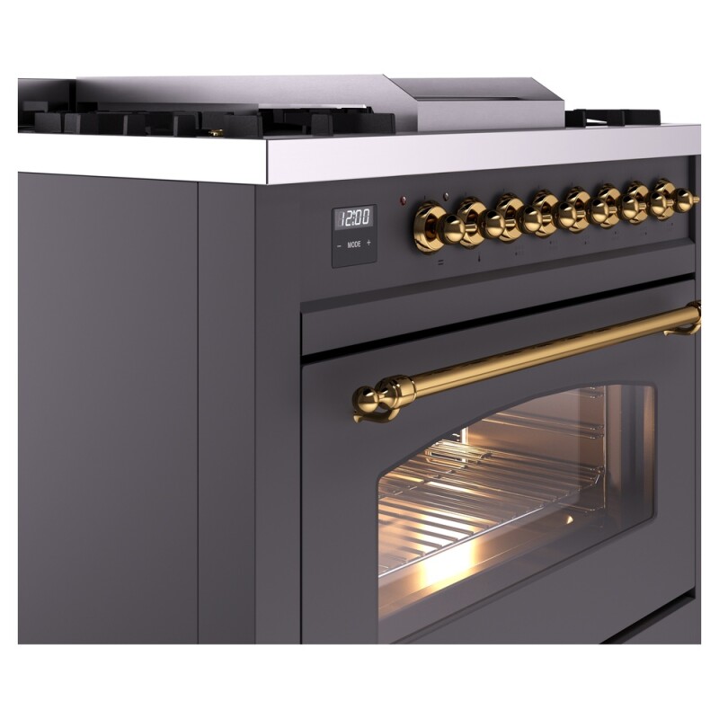 Nostalgie II Series 36 inch Freestanding Dual Fuel Range with Natural Gas, 6 Sealed Burners, 3.5 cu. ft. Total Oven Capacity, Griddle, Convection Oven, Continuous Grates, Storage Drawer, with UP36FNMPMGG