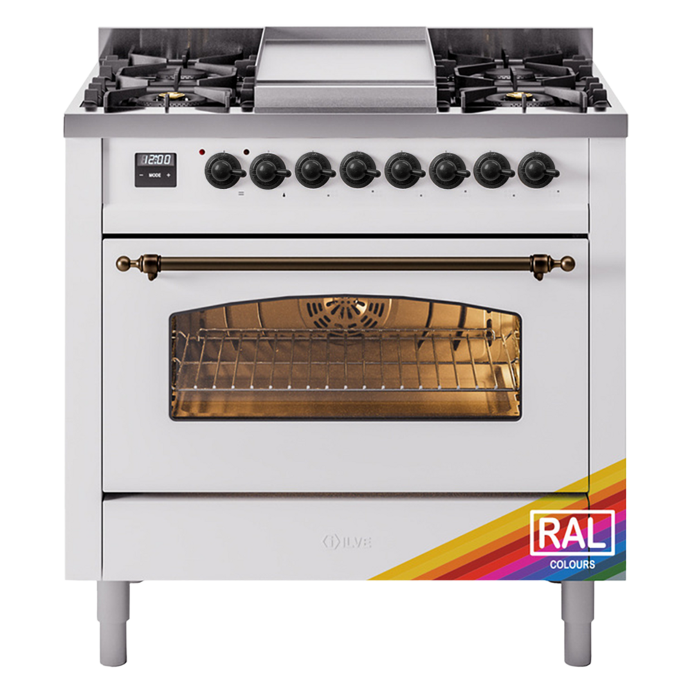 Nostalgie II 36 UP36FNMPRAB Freestanding Dual Fuel Range with 6 Sealed Burners with Griddle Single Oven with Triple Glass Door with Bronze knobs UP36FNMPRABLP