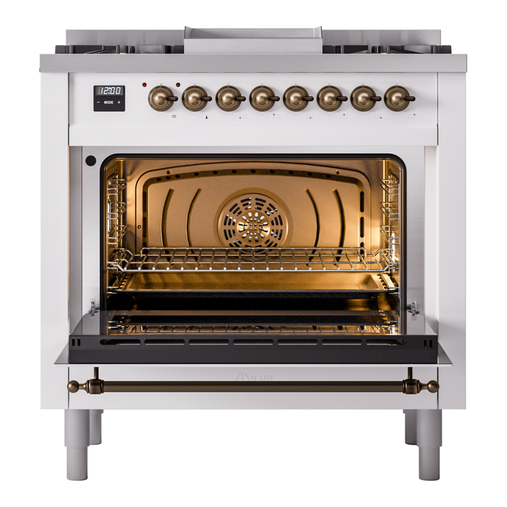 Nostalgie II 36 UP36FNMPRAB Freestanding Dual Fuel Range with 6 Sealed Burners with Griddle Single Oven with Triple Glass Door with Bronze knobs UP36FNMPRABLP
