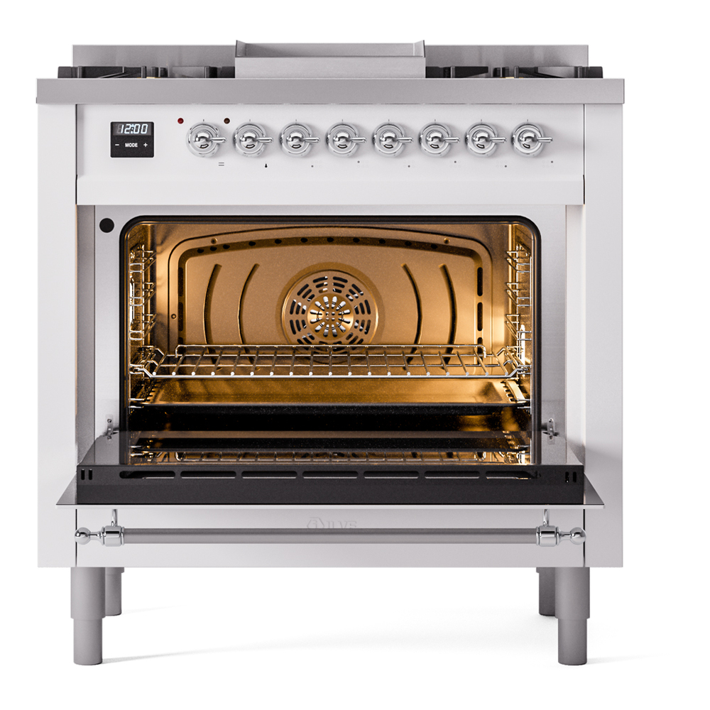 Nostalgie II 36 UP36FNMPRAC Freestanding Dual Fuel Range with 6 Sealed Burners with Griddle Single Oven with Triple Glass Door with Chrome knobs UP36FNMPRACLP