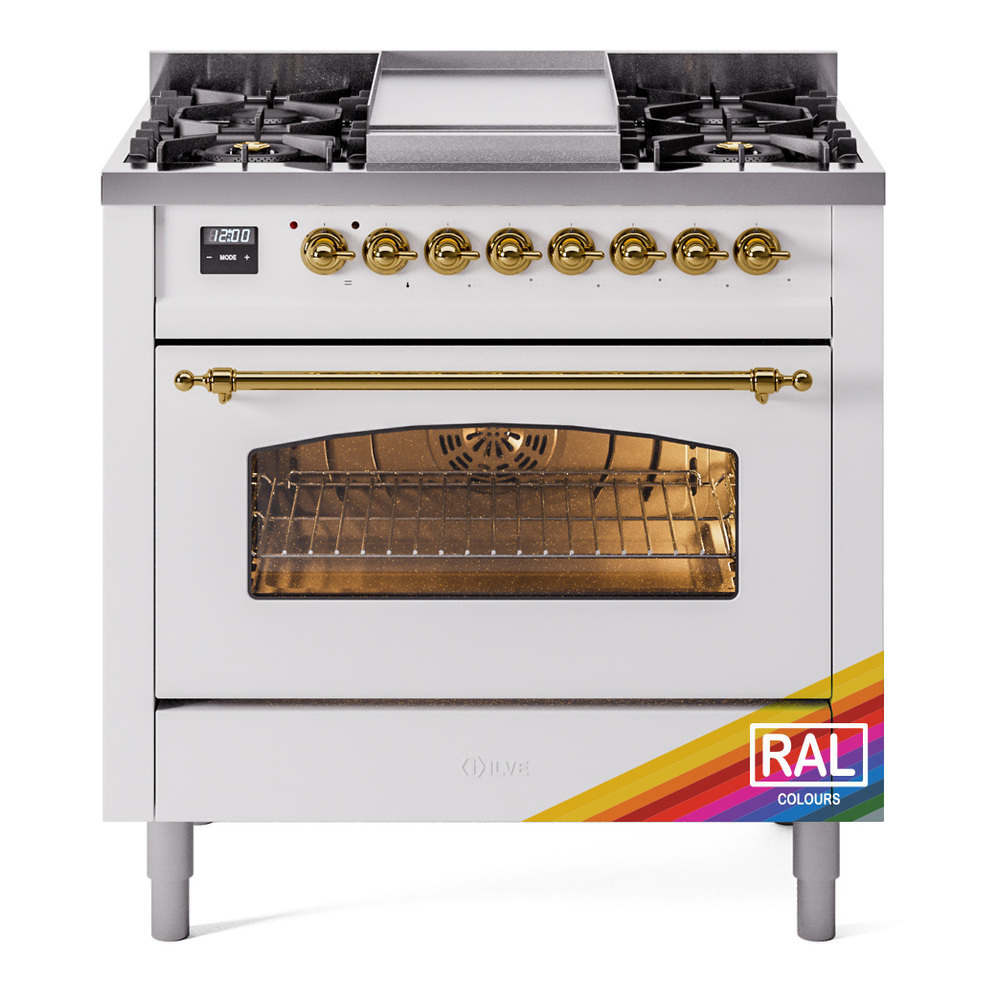 Nostalgie II 36 UP36FNMPRAG Freestanding Dual Fuel Range with 6 Sealed Burners with Griddle Single Oven with Triple Glass Door with Brass knobs UP36FNMPRAG