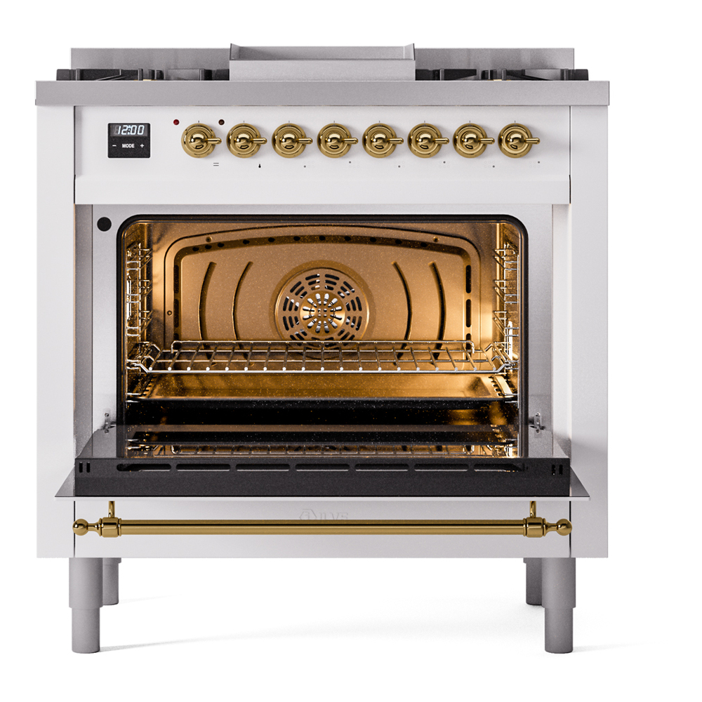 Nostalgie II 36 UP36FNMPRAG Freestanding Dual Fuel Range with 6 Sealed Burners with Griddle Single Oven with Triple Glass Door with Brass knobs UP36FNMPRAG
