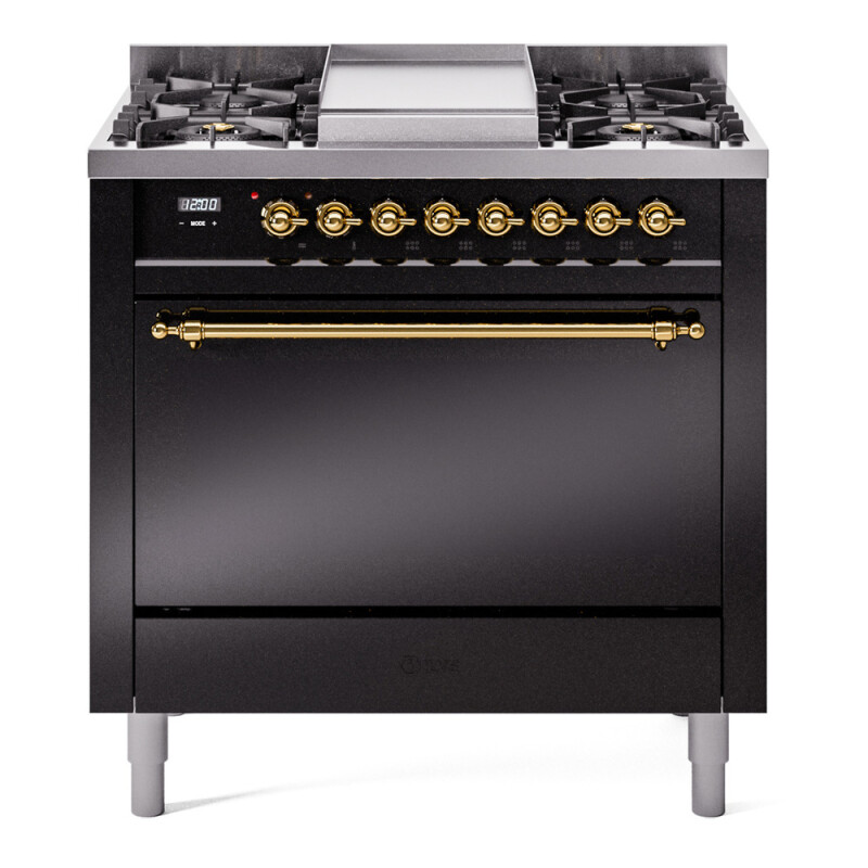 Nostalgie II 36 UP36FQNMPBKG Freestanding Dual Fuel Range with 6 Sealed Burners with Griddle Single Oven with Solid Door with Brass knobs UP36FQNMPBKG