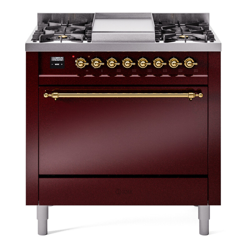 Nostalgie II 36 UP36FQNMPBUG Freestanding Dual Fuel Range with 6 Sealed Burners with Griddle Single Oven with Solid Door with Brass knobs UP36FQNMPBUG