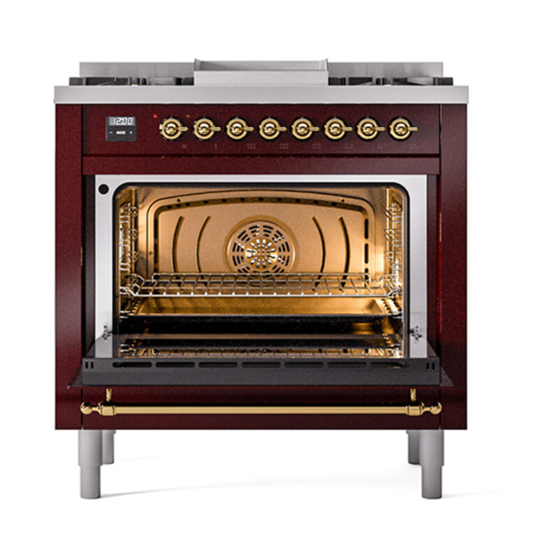 Nostalgie II 36 UP36FQNMPBUG Freestanding Dual Fuel Range with 6 Sealed Burners with Griddle Single Oven with Solid Door with Brass knobs UP36FQNMPBUG