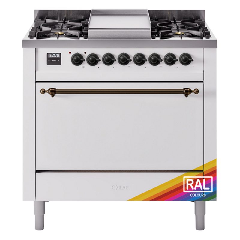 Nostalgie II 36 UP36FQNMPRAB Freestanding Dual Fuel Range with 6 Sealed Burners with Griddle Single Oven with Solid Door with Bronze knobs UP36FQNMPRABLP