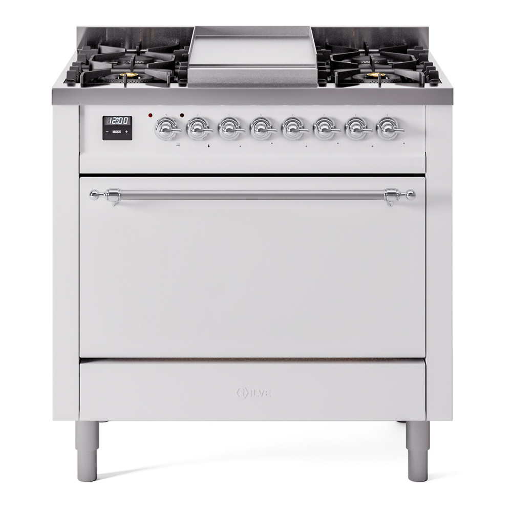 Nostalgie II 36 UP36FQNMPWHC Freestanding Dual Fuel Range with 6 Sealed Burners with Griddle Single Oven with Solid Door with Chrome knobs UP36FQNMPWHC