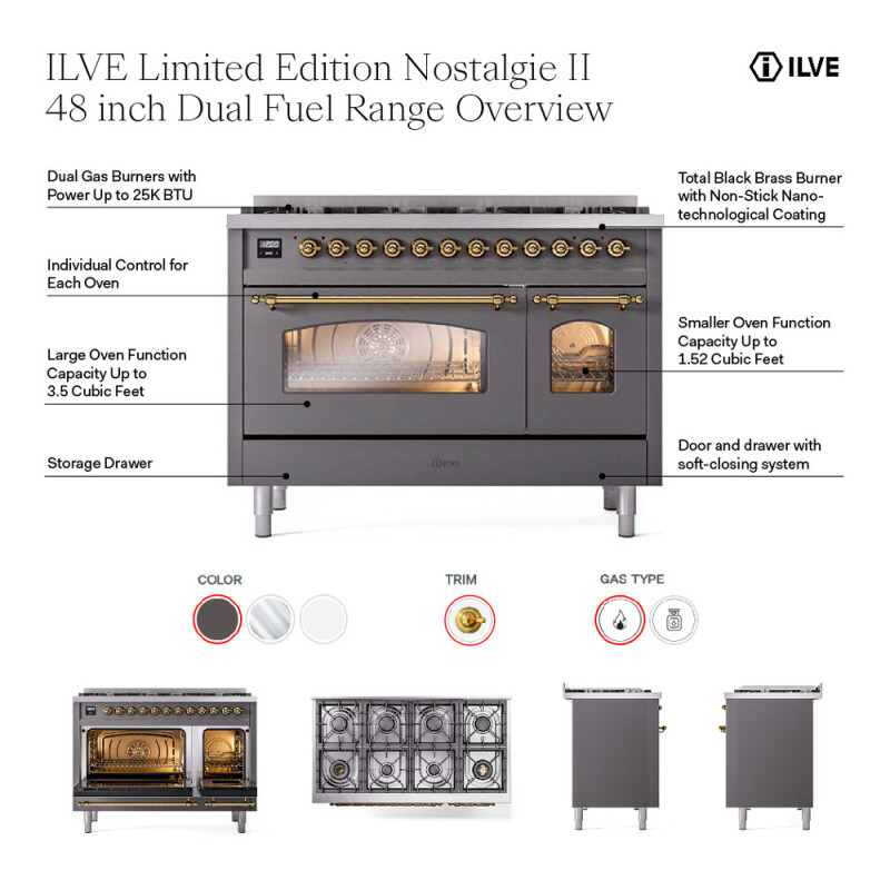 Nostalgie II 48 inch Dual Fuel Range with 8 Total Black Sealed Burners, Trim UP488NMPSSGLP
