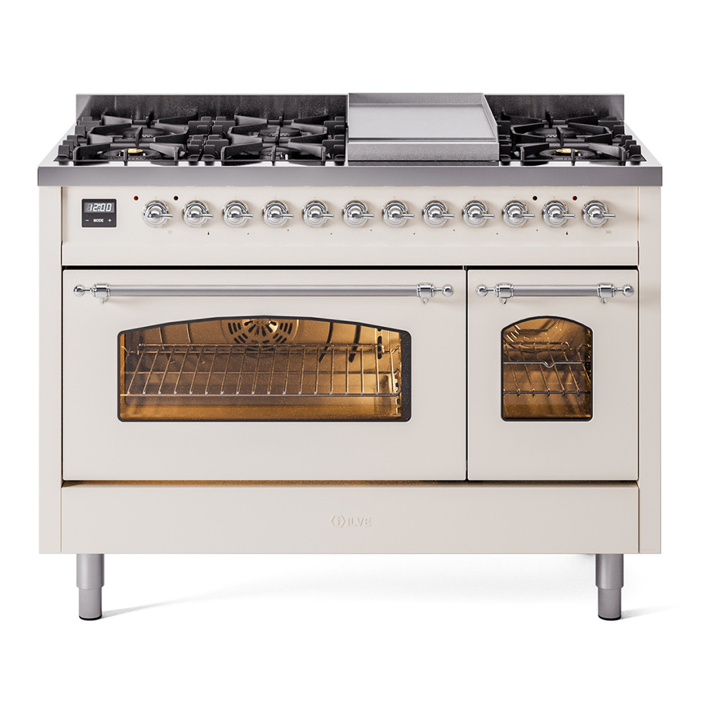 Nostalgie II 48 UP48FNMPAWC Freestanding Dual Fuel Range with 8 Sealed Burners with Griddle Double Oven with Triple Glass Door with Chrome knobs UP48FNMPAWC
