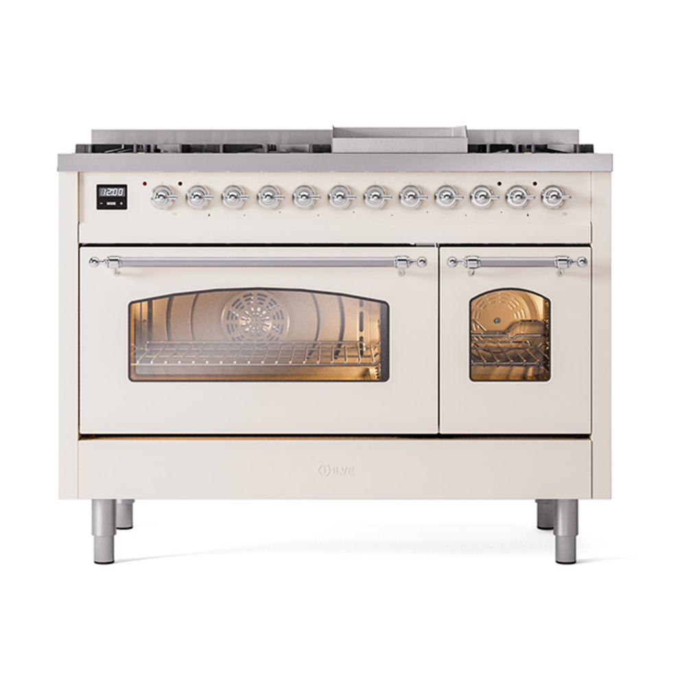 Nostalgie II 48 UP48FNMPAWC Freestanding Dual Fuel Range with 8 Sealed Burners with Griddle Double Oven with Triple Glass Door with Chrome knobs UP48FNMPAWC
