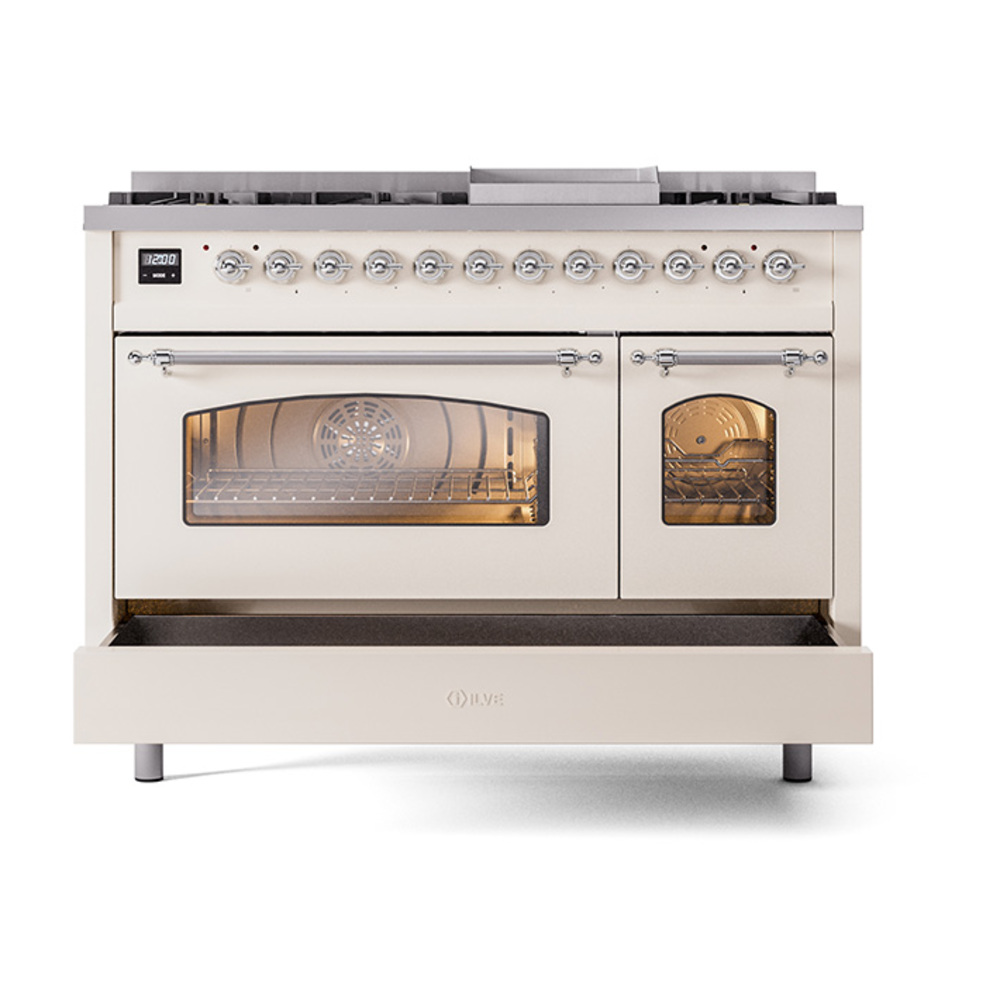 Nostalgie II 48 UP48FNMPAWC Freestanding Dual Fuel Range with 8 Sealed Burners with Griddle Double Oven with Triple Glass Door with Chrome knobs UP48FNMPAWC