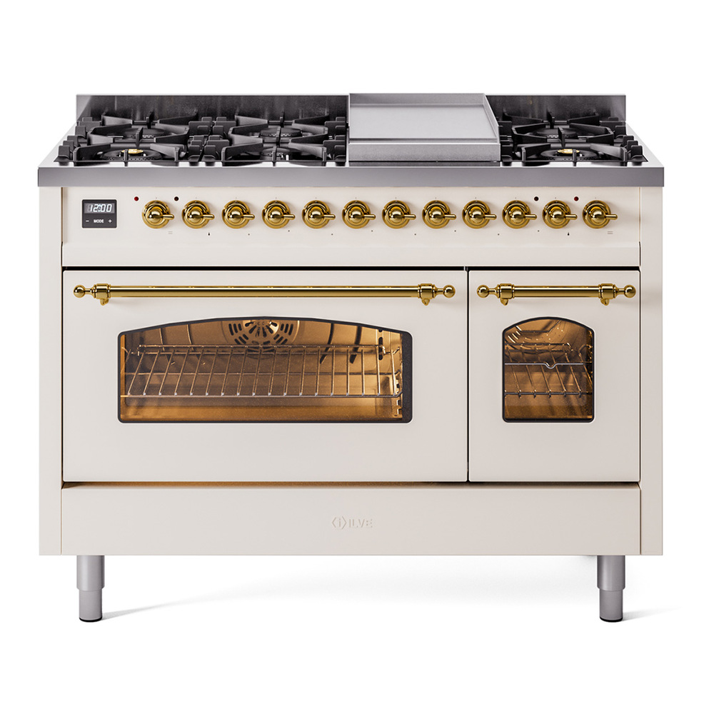 Nostalgie II 48 UP48FNMPAWG Freestanding Dual Fuel Range with 8 Sealed Burners with Griddle Double Oven with Triple Glass Door with Brass knobs UP48FNMPAWG