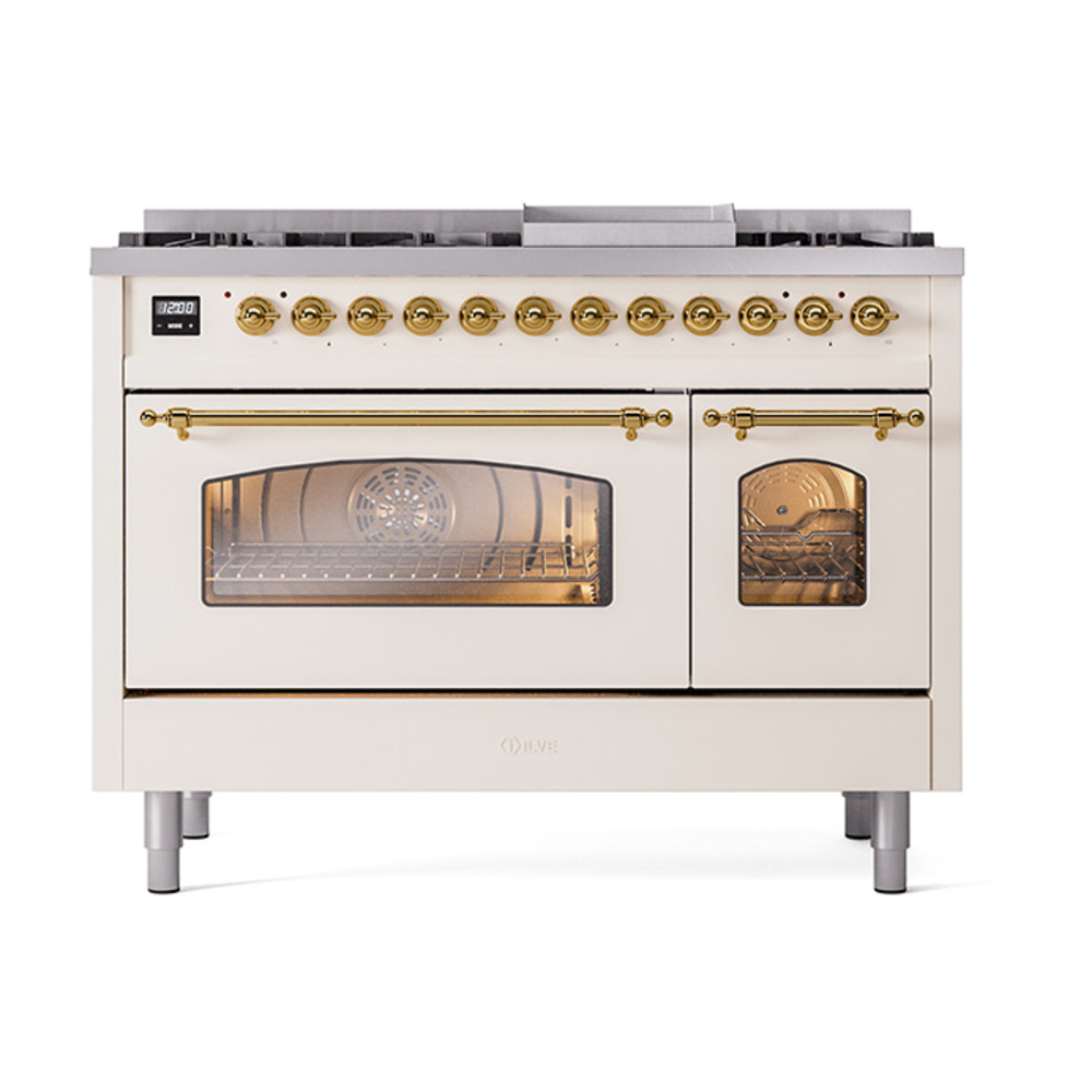 Nostalgie II 48 UP48FNMPAWG Freestanding Dual Fuel Range with 8 Sealed Burners with Griddle Double Oven with Triple Glass Door with Brass knobs UP48FNMPAWG
