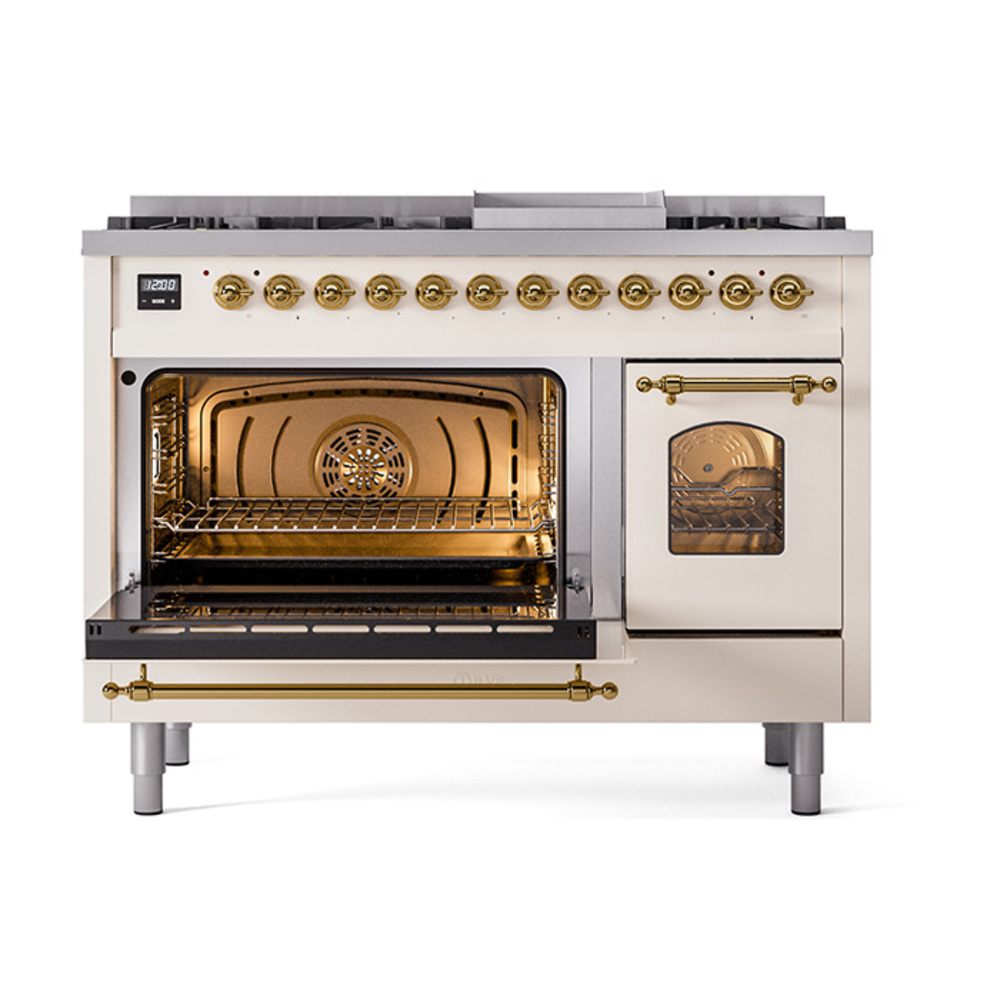 Nostalgie II 48 UP48FNMPAWG Freestanding Dual Fuel Range with 8 Sealed Burners with Griddle Double Oven with Triple Glass Door with Brass knobs UP48FNMPAWG