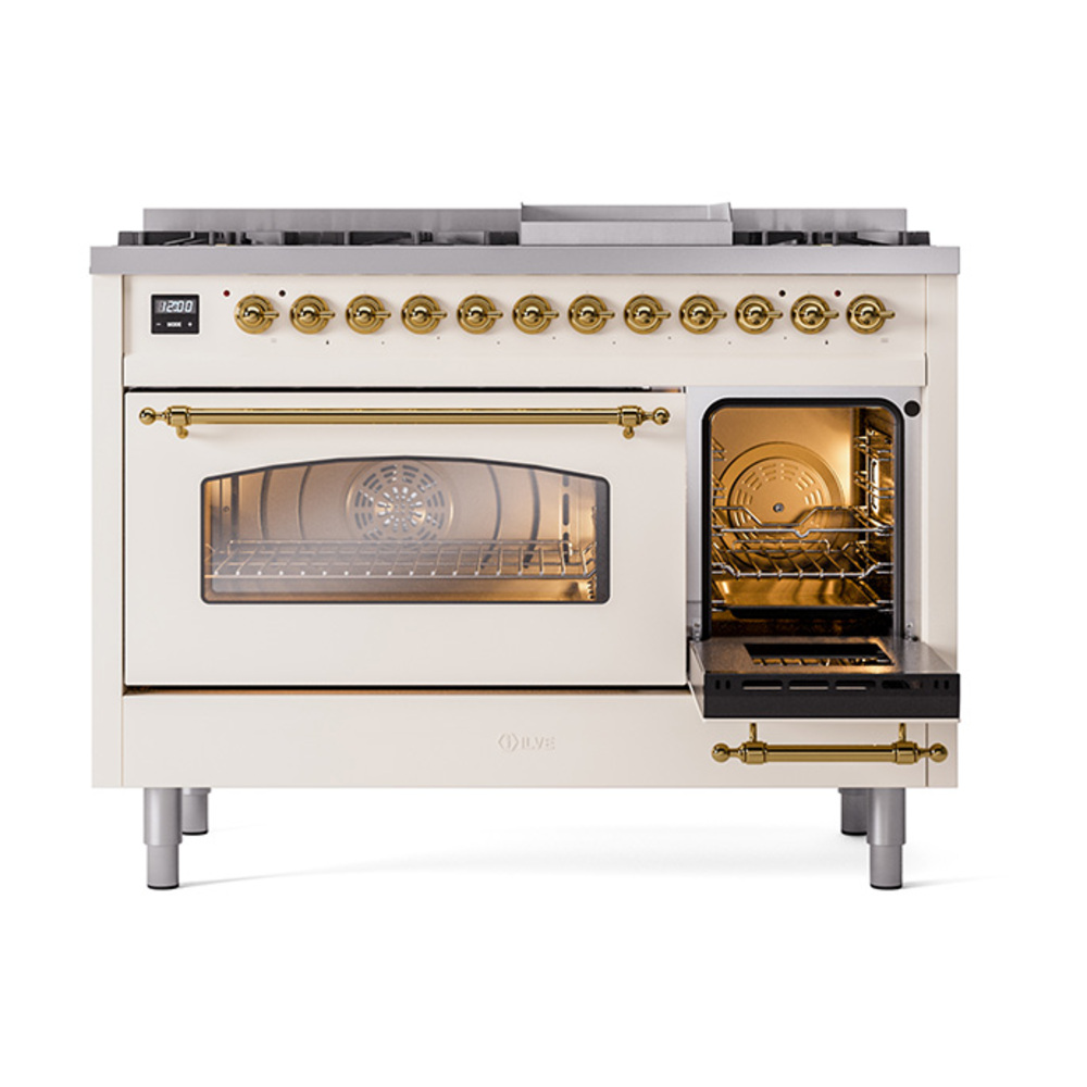 Nostalgie II 48 UP48FNMPAWG Freestanding Dual Fuel Range with 8 Sealed Burners with Griddle Double Oven with Triple Glass Door with Brass knobs UP48FNMPAWG