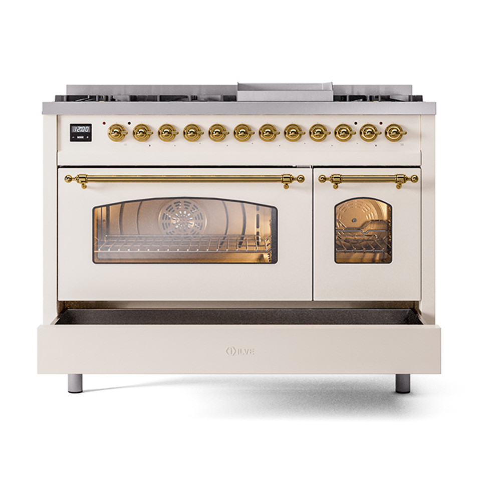 Nostalgie II 48 UP48FNMPAWG Freestanding Dual Fuel Range with 8 Sealed Burners with Griddle Double Oven with Triple Glass Door with Brass knobs UP48FNMPAWG