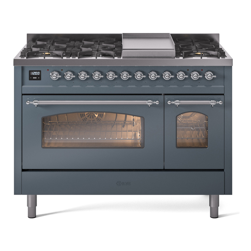 Nostalgie II 48 UP48FNMPBGC Freestanding Dual Fuel Range with 8 Sealed Burners with Griddle Double Oven with Triple Glass Door with Chrome knobs UP48FNMPBGC