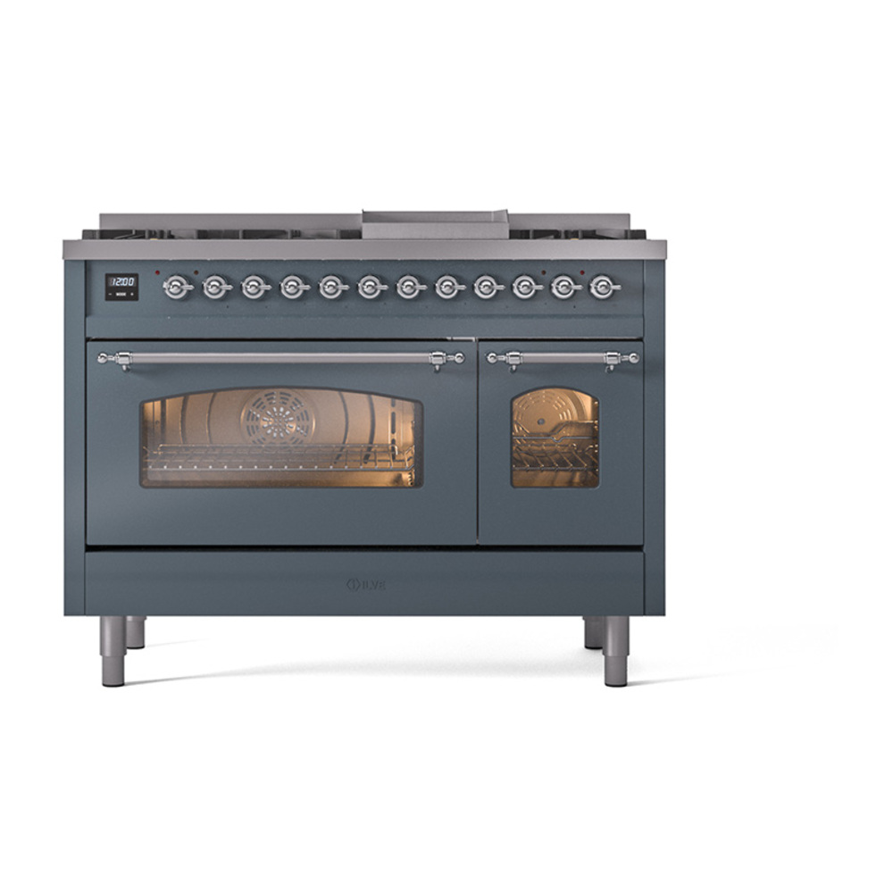 Nostalgie II 48 UP48FNMPBGC Freestanding Dual Fuel Range with 8 Sealed Burners with Griddle Double Oven with Triple Glass Door with Chrome knobs UP48FNMPBGC