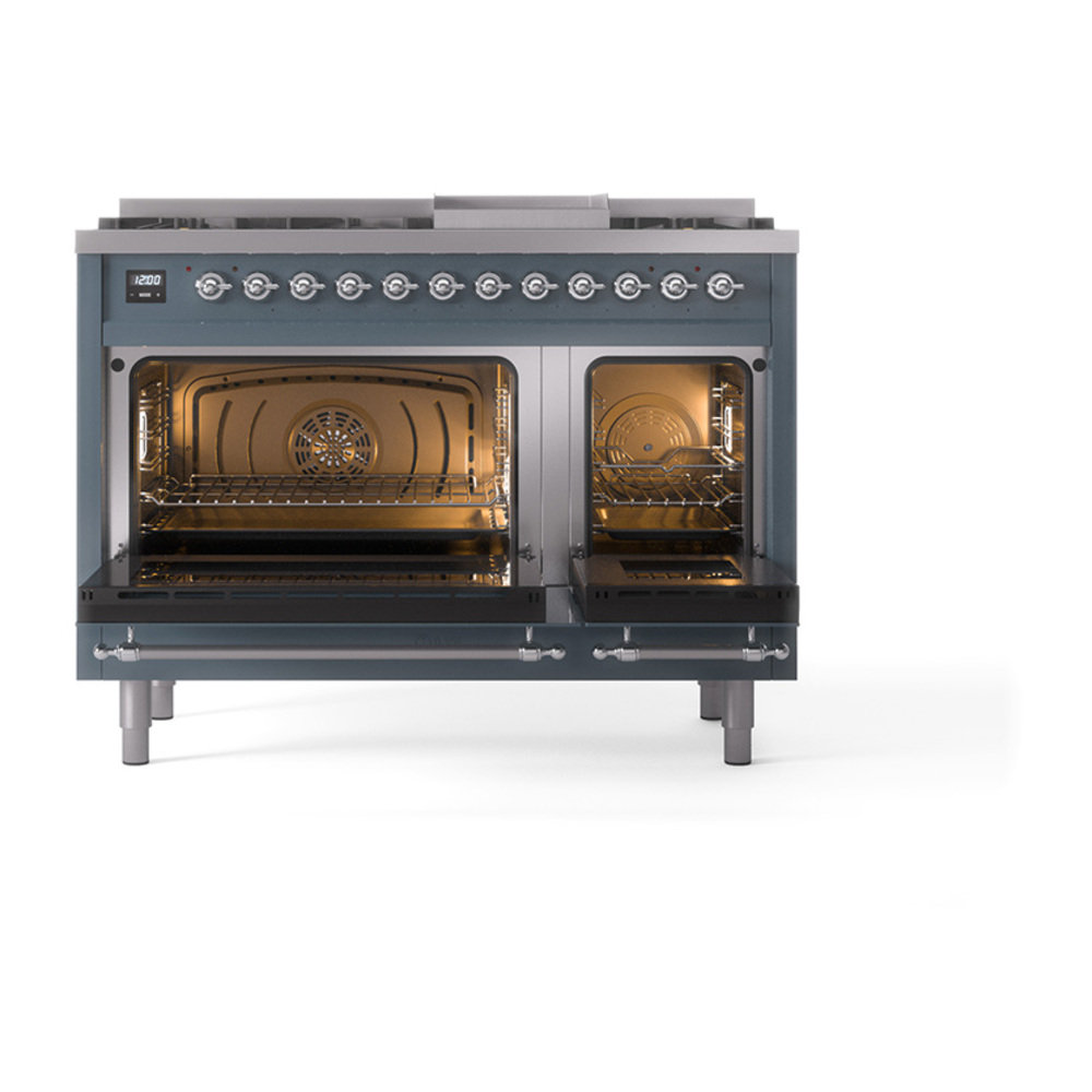 Nostalgie II 48 UP48FNMPBGC Freestanding Dual Fuel Range with 8 Sealed Burners with Griddle Double Oven with Triple Glass Door with Chrome knobs UP48FNMPBGC
