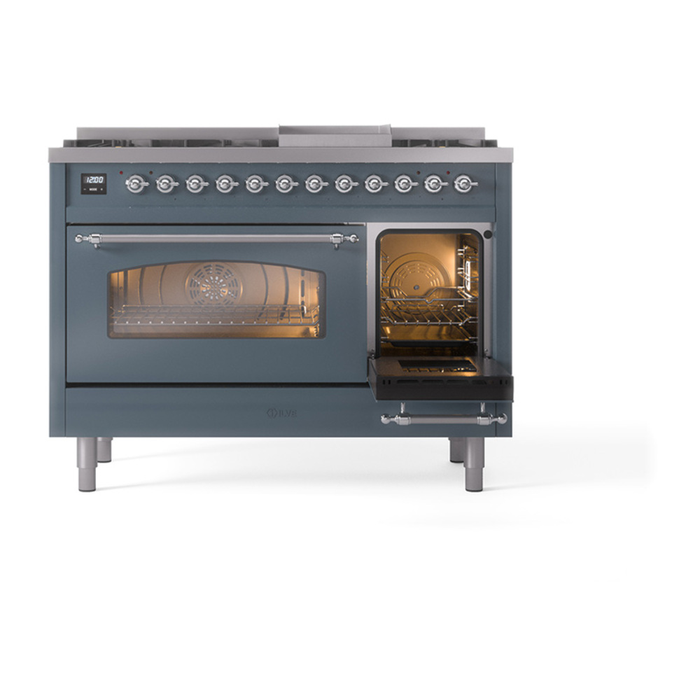 Nostalgie II 48 UP48FNMPBGC Freestanding Dual Fuel Range with 8 Sealed Burners with Griddle Double Oven with Triple Glass Door with Chrome knobs UP48FNMPBGC