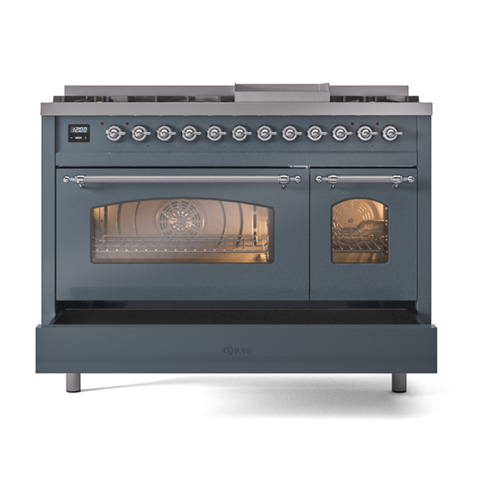 Nostalgie II 48 UP48FNMPBGC Freestanding Dual Fuel Range with 8 Sealed Burners with Griddle Double Oven with Triple Glass Door with Chrome knobs UP48FNMPBGC