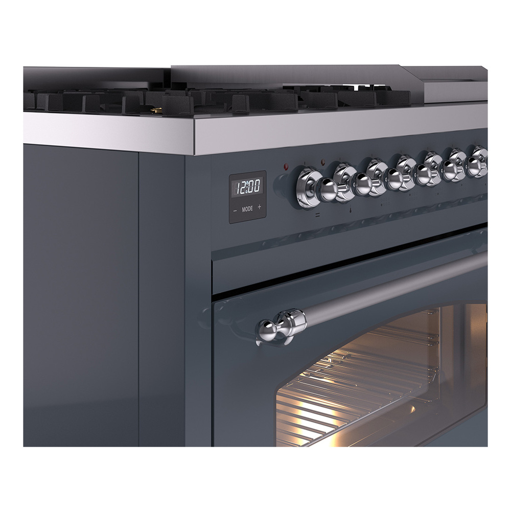 Nostalgie II 48 UP48FNMPBGC Freestanding Dual Fuel Range with 8 Sealed Burners with Griddle Double Oven with Triple Glass Door with Chrome knobs UP48FNMPBGC