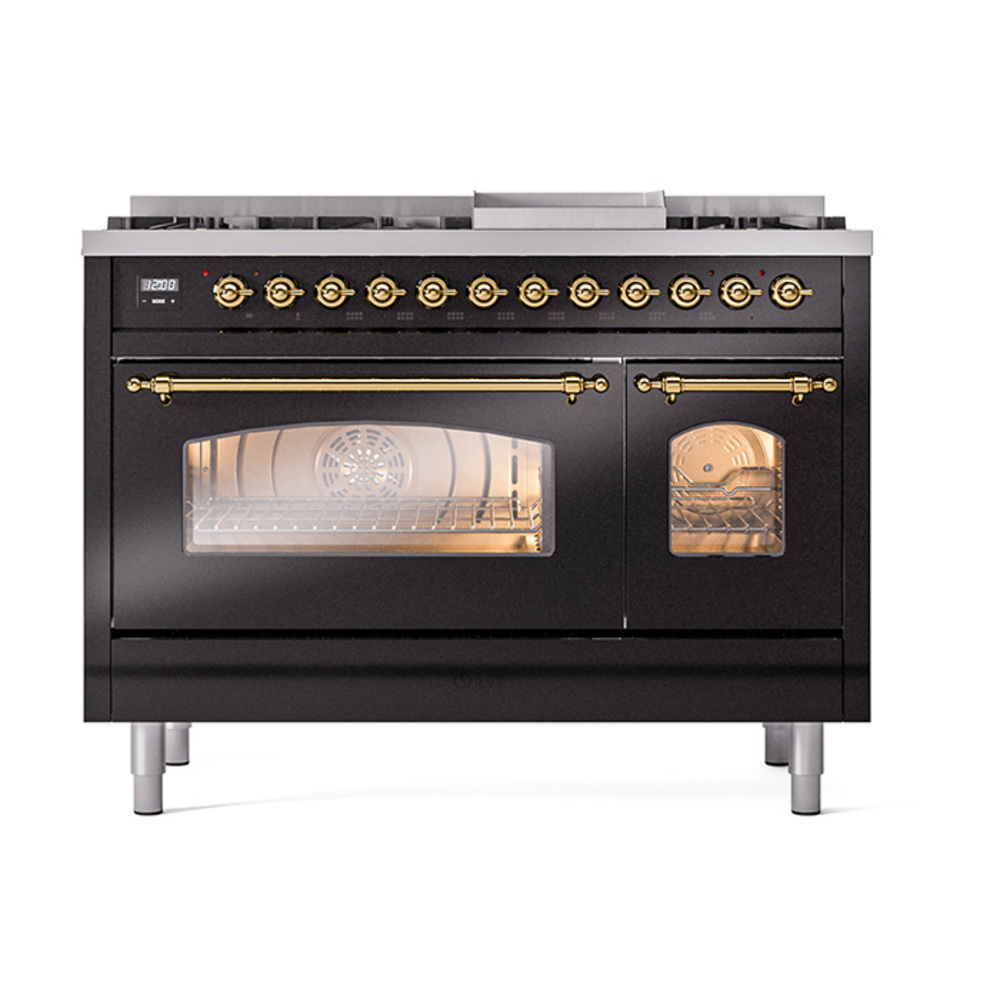 Nostalgie II 48 UP48FNMPBKG Freestanding Dual Fuel Range with 8 Sealed Burners with Griddle Double Oven with Triple Glass Door with Brass knobs UP48FNMPBKGLP