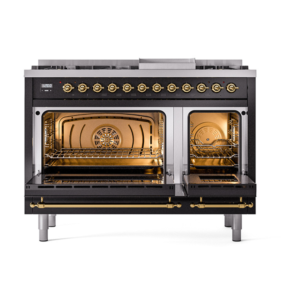 Nostalgie II 48 UP48FNMPBKG Freestanding Dual Fuel Range with 8 Sealed Burners with Griddle Double Oven with Triple Glass Door with Brass knobs UP48FNMPBKGLP