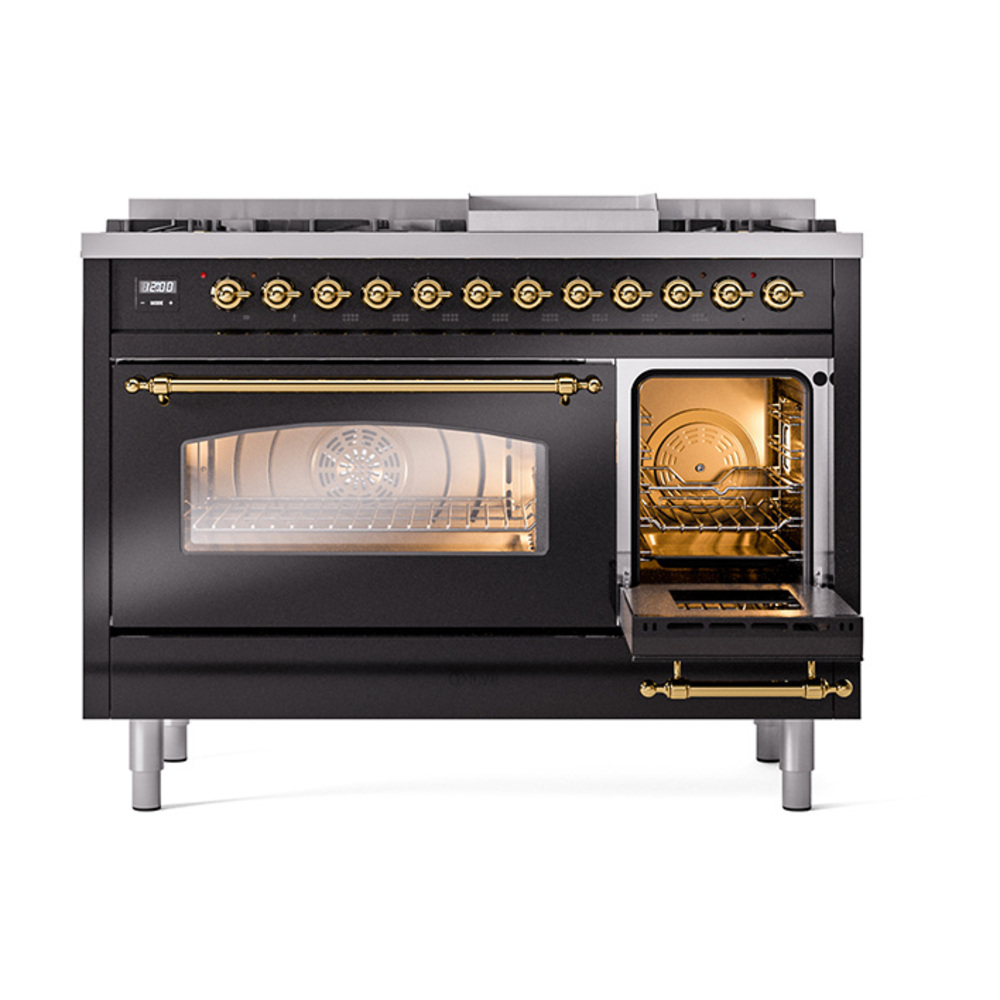 Nostalgie II 48 UP48FNMPBKG Freestanding Dual Fuel Range with 8 Sealed Burners with Griddle Double Oven with Triple Glass Door with Brass knobs UP48FNMPBKGLP
