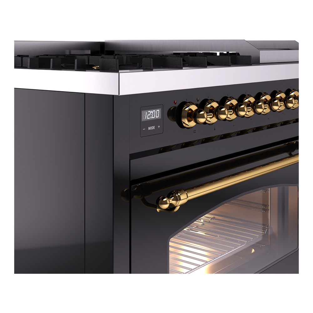 Nostalgie II 48 UP48FNMPBKG Freestanding Dual Fuel Range with 8 Sealed Burners with Griddle Double Oven with Triple Glass Door with Brass knobs UP48FNMPBKGLP