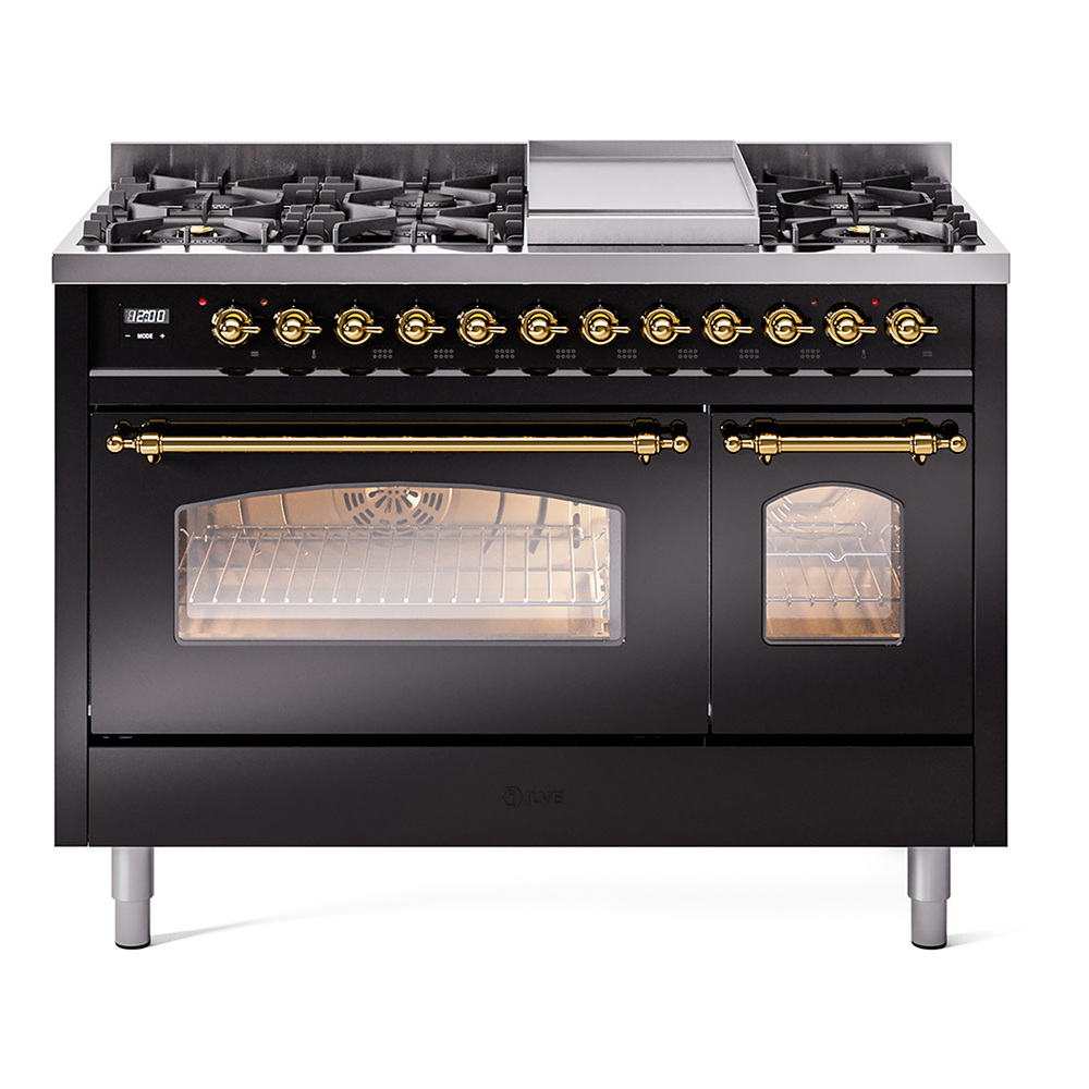 Nostalgie II 48 UP48FNMPBKG Freestanding Dual Fuel Range with 8 Sealed Burners with Griddle Double Oven with Triple Glass Door with Brass knobs UP48FNMPBKG
